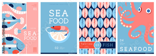 Set of flat modern magazine covers or posters with seafood. Restaurant seafood menu design. Vector illustration