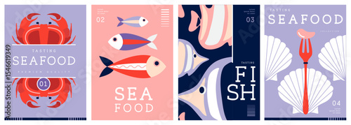 Set of flat modern magazine covers or posters with seafood. Restaurant seafood menu design. Vector illustration