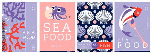 Set of flat modern magazine covers or posters with seafood. Restaurant seafood menu design. Vector illustration