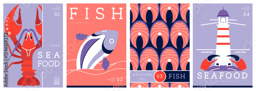Set of flat modern magazine covers or posters with seafood. Restaurant seafood menu design. Vector illustration