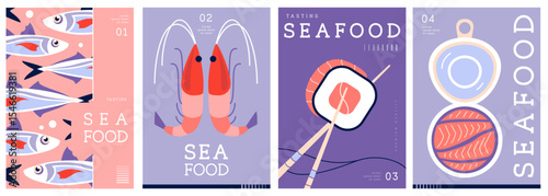 Set of flat modern magazine covers or posters with seafood. Restaurant seafood menu design. Vector illustration