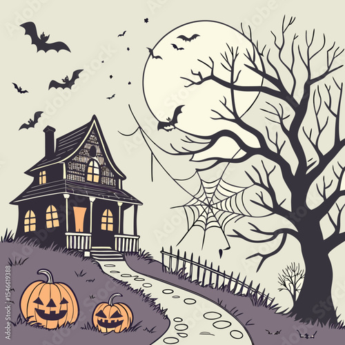 Spooky halloween scene with haunted house bats pumpkins moon and spooky atmosphere vector illustration