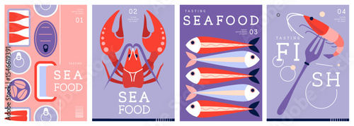 Set of flat modern magazine covers or posters with seafood. Restaurant seafood menu design. Vector illustration