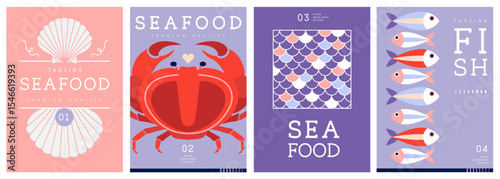 Set of flat modern magazine covers or posters with seafood. Restaurant seafood menu design. Vector illustration