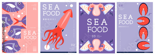 Set of flat modern magazine covers or posters with seafood. Restaurant seafood menu design. Vector illustration