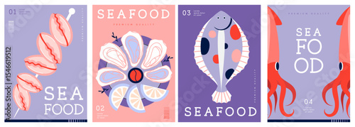 Set of flat modern magazine covers or posters with seafood. Restaurant seafood menu design. Vector illustration