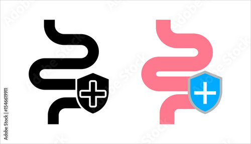 Gut protection, safety and normalization of digestion, linear icon set. The intestine and the checkered shield. Line with editable stroke	

