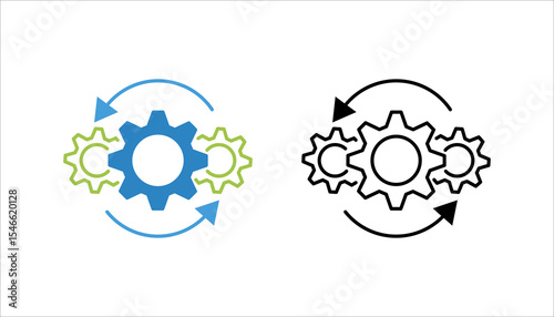 Technology development icon, innovation concept, system integration, software business, technical support, smart solution.	
