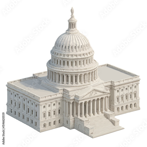 A 3D isometric icon of the Capitol Building, detailed dome and columns, realistic white tones, and depth, symbolizing the US government and independence.
