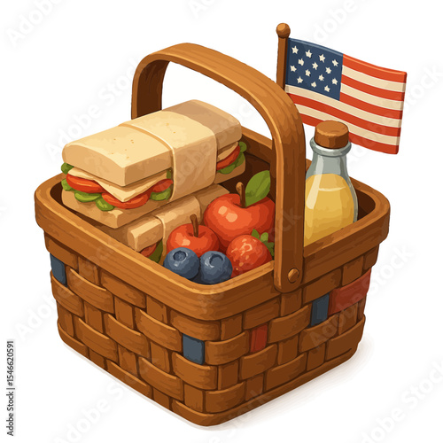 A picnic basket filled with food and drinks, symbolizing a classic July 4th picnic.