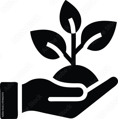 A hand holding a small plant illustrating nature growth and environmental protection icon
