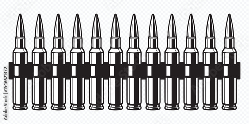 detailed black and white drawing of bullets in an ammunition belt for graphic design projects