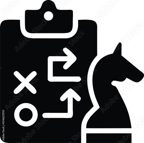 Chess knight next to a clipboard showing a strategic game plan icon