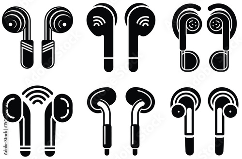 Eight Black Wireless Earbud Icons Various Styles and Designs Set Bundle 12 earbuds