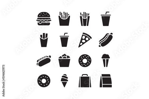 Fast Food Silhouette Icons Burger Fries Pizza Donut Drink Vector Set