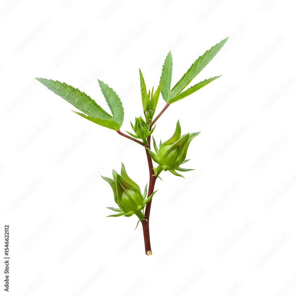 Naklejka premium Hibiscus Sabdariffa Plant on white background: A detailed studio shot reveals the Hibiscus sabdariffa plant, showcasing its vibrant green leaves and distinctive buds, capturing its botanical beauty.