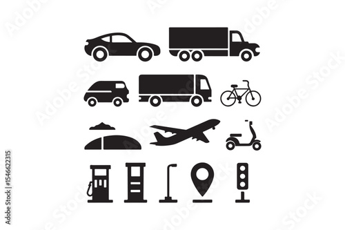 Transportation and Travel Icons Car Truck Plane Bike Scooter Vector Set