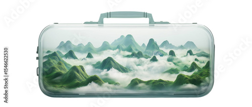 Mountain Landscape Inside Transparent Suitcase with Fog and Clouds on Transparent Background