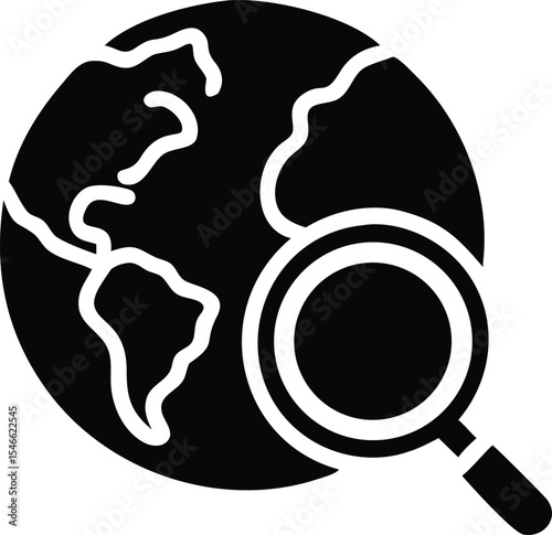 Earth globe with magnifying glass, global search icon