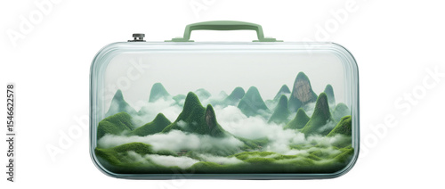 Mountain Landscape Inside Transparent Suitcase with Fog and Clouds on Transparent Background