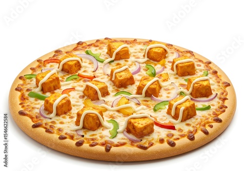 Paneer tikka pizza with spicy Indian paneer cubes, capsicum, onions, and creamy sauce, with extra cheese,  fusion food on white background, vibrant colors