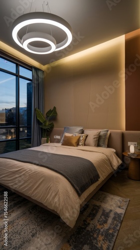 Modern bedroom interior designed like a glossy magazine illustration, featuring stylish furniture, elegant lighting, and a sophisticated ambiance.