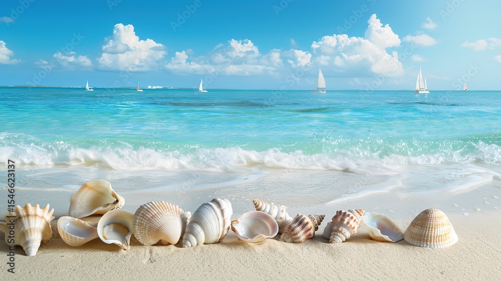 Obraz premium Coastal Serenity: Idyllic Beach Background with Graceful Sailboats – Gentle Ocean Waves, Sandy Shorelines, Palm Tree Silhouettes, and Golden Hour Glows in Soft, Dreamy Photography for Wallpapers, Trav