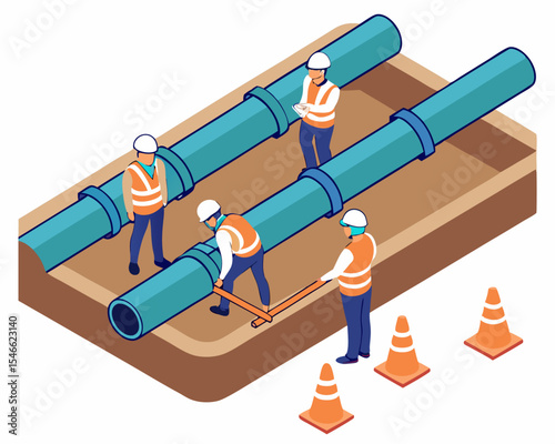 Isometric view of underground water pipe project with engineering inspection and active maintenance by field worker.