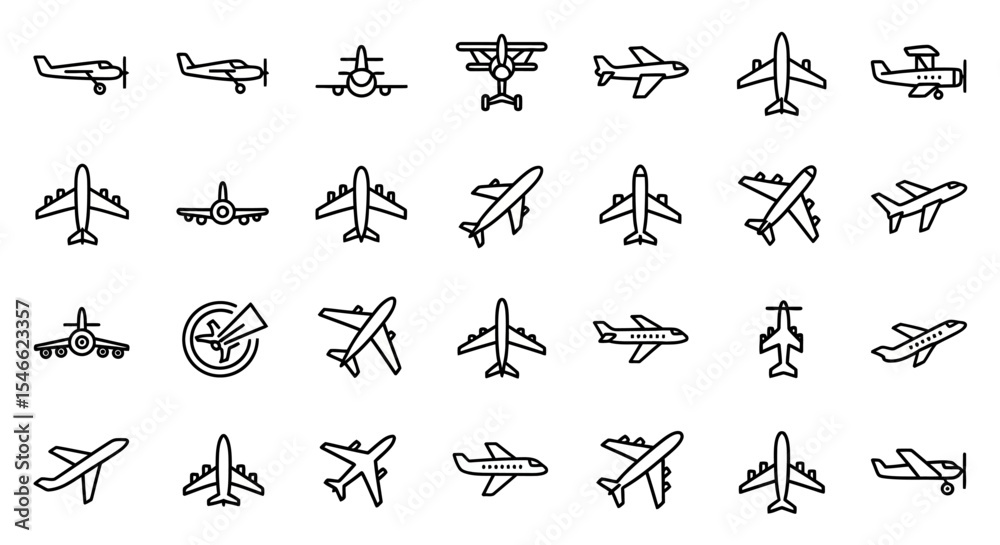 Fototapeta premium Airplane Icons Collection of Line Art Aircraft Illustrations