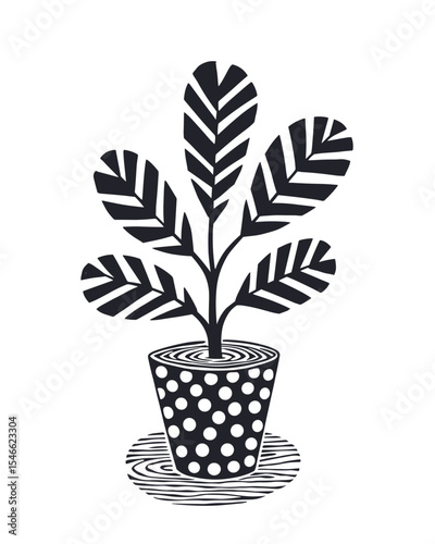 Monstera Plant in Polka Dot Pot – Black and White Minimalist Botanical Illustration