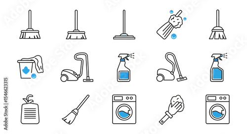 Cleaning Supplies and Equipment Icons Broom, Vacuum, Spray Bottle, Mop, Washing Machine