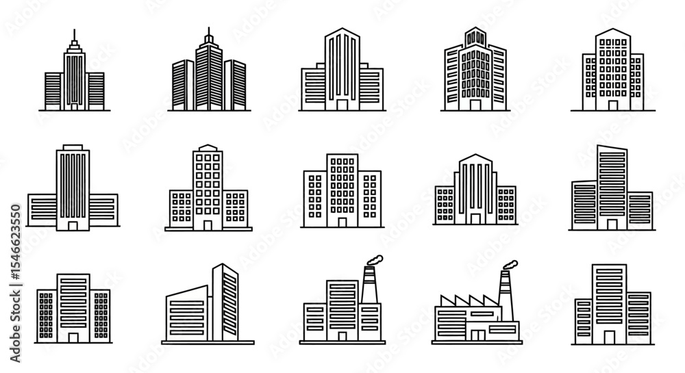 Fototapeta premium Collection of Modern Building Line Icons Architectural Design Elements