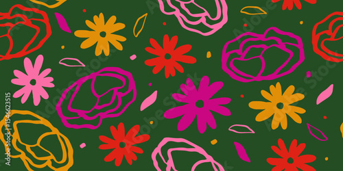 Exotic hand drawn flowers, seamless patterns with colorful floral for fabric, textiles, wrapping paper, cover, banner, home decor, wall art, abstract backgrounds. Vector illustration.