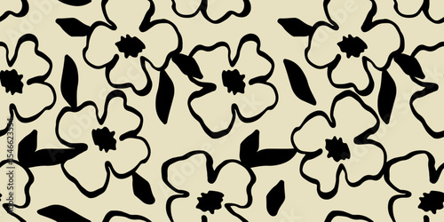Hand drawn minimal abstract flowers. Seamless patterns with organic shapes black and white color for fabric, textiles, clothing, wallpaper, cover, banner, home decor, florals backgrounds.