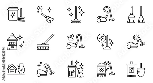 Cleaning Supplies Icons Broom, Vacuum, Dustpan, and More