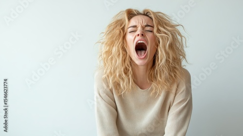 This powerful image showcases a woman with wild, curly hair expressing overwhelming emotion as she yells, symbolizing personal liberation and inner strength.
