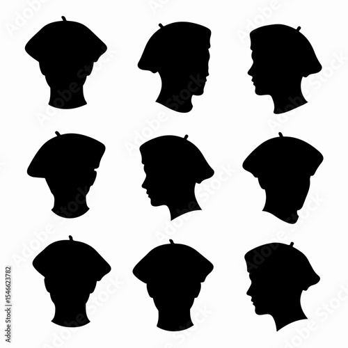 Silhouettes of people wearing berets in black