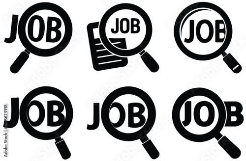 Six Black Magnifying Glasses Encircling the Word  Job Search Employment Icons Set