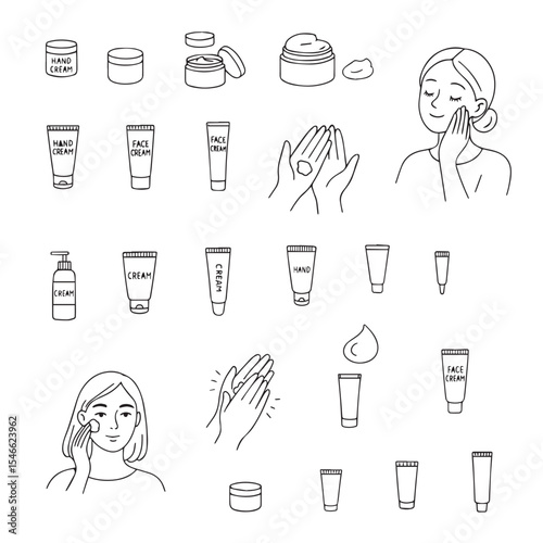 Vector illustration with different skin care products such as face and hand creams. Applying cream on hands and face. Doodle style skin care products.