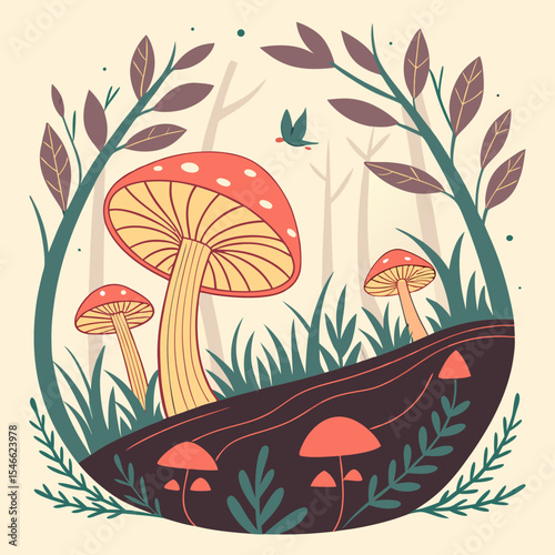 Illustration of a mushroom patch with red capped mushrooms and a small bird in a forest scene