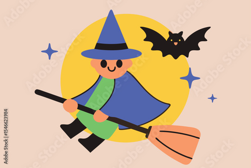  Cute Cartoon Witch Flying on Broomstick with Bat and Moon for Halloween