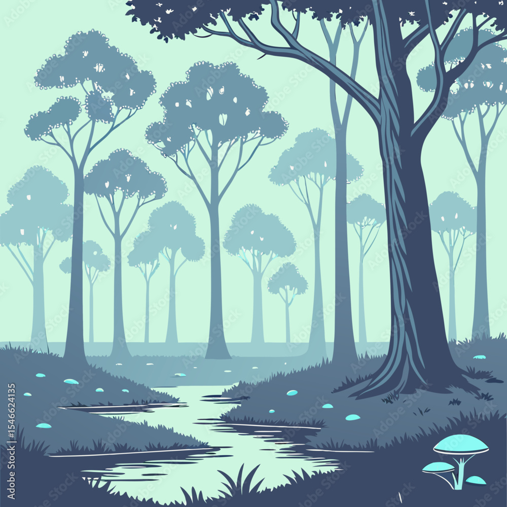 Obraz premium A serene forest scene with tall trees and a winding stream under a soft light creating a peaceful escape
