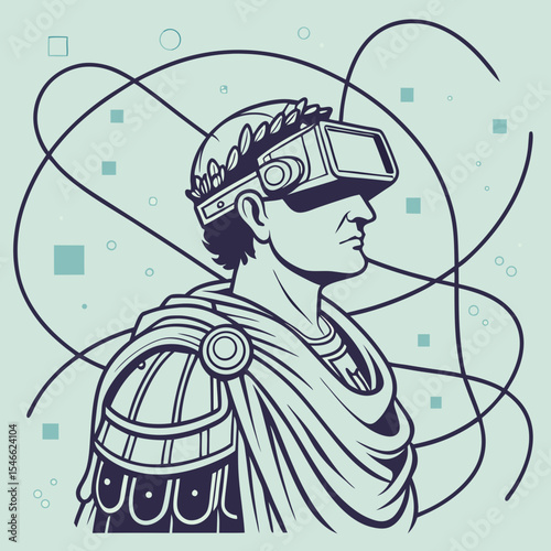 Ancient bust wearing vr headset with laurel wreath and cloak in a futuristic abstract scene design