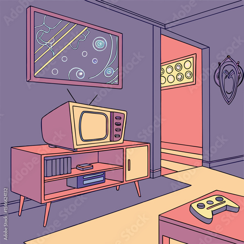 A retro living room scene featuring a vintage television set and a game controller on a table top view