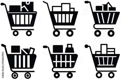 Six Black Shopping Carts Filled with Various Boxes and Bags on White Background Simple Icon Set