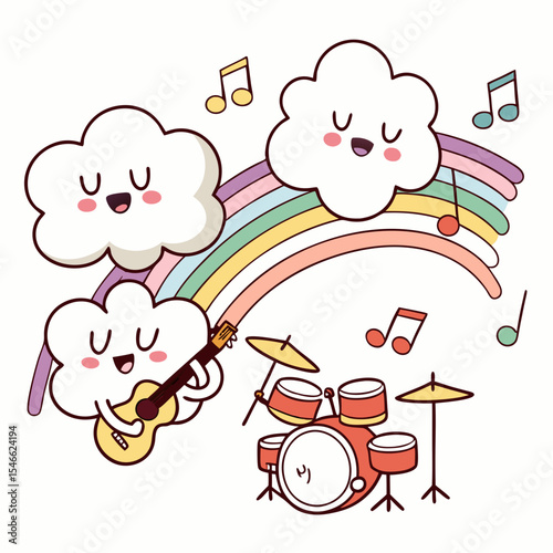Cartoon clouds playing music with a rainbow and drums creating a whimsical scene of joy and harmony