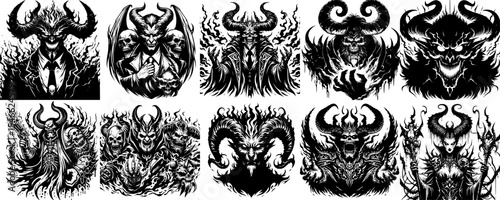 Collection of enemy monster bosses, ideal for game concepts, tattoos, and digital design