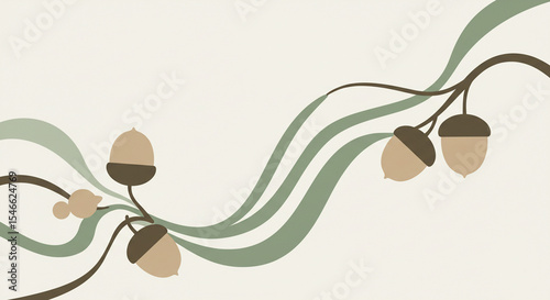Abstract design of acorns and flowing lines in neutral tones  