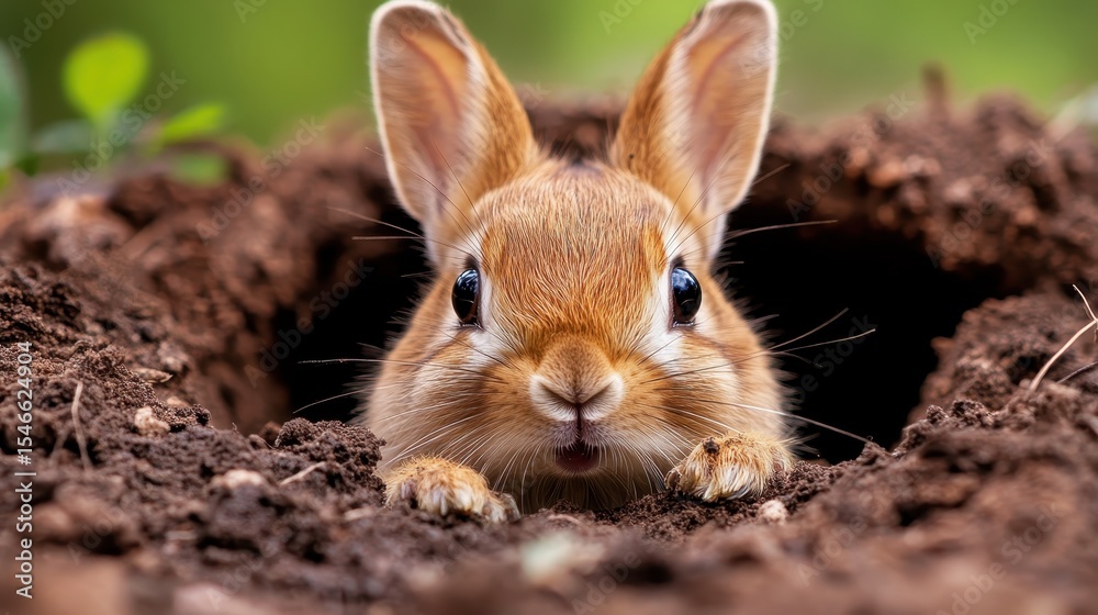 Fototapeta premium A delightful rabbit peeks out from its burrow, showcasing its inquisitive nature. The photo beautifully captures the adorable features and the earthy setting of the animal.