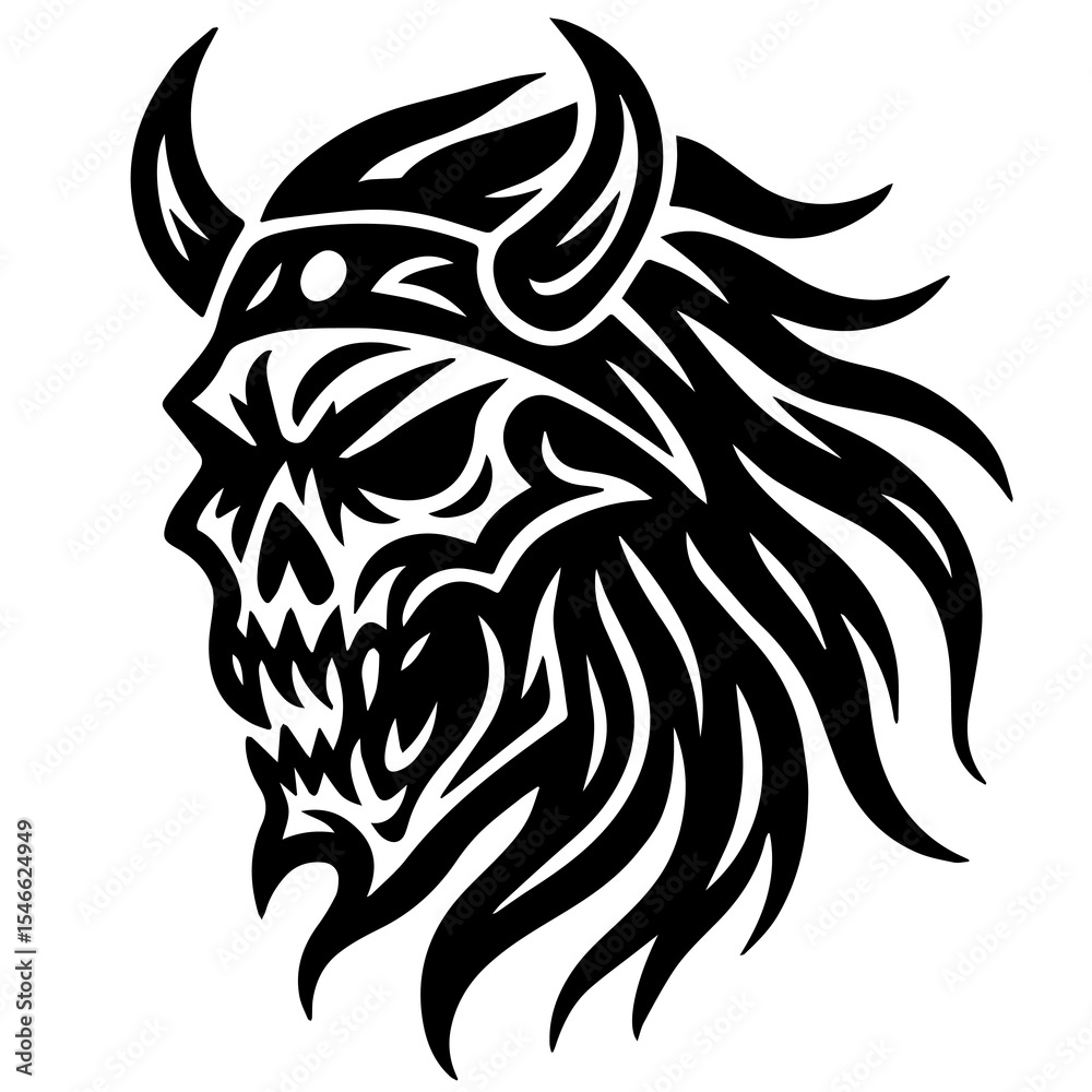Obraz premium A bold and aggressive black tribal illustration of a demonic Viking skull with sharp fangs, horns, and wild flame-like hair. Designed in a tribal blackwork style,